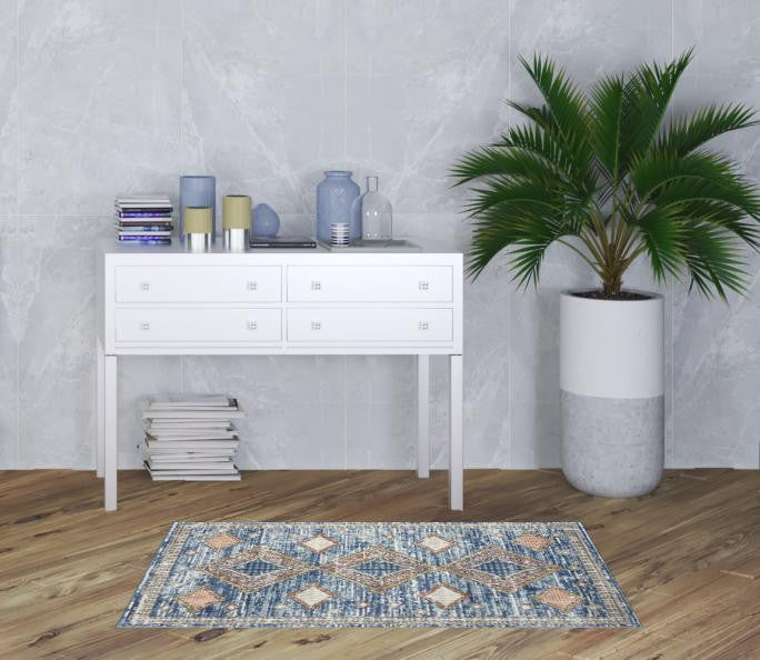 3' X 5' Blue Southwestern Power Loom Non Skid Area Rug