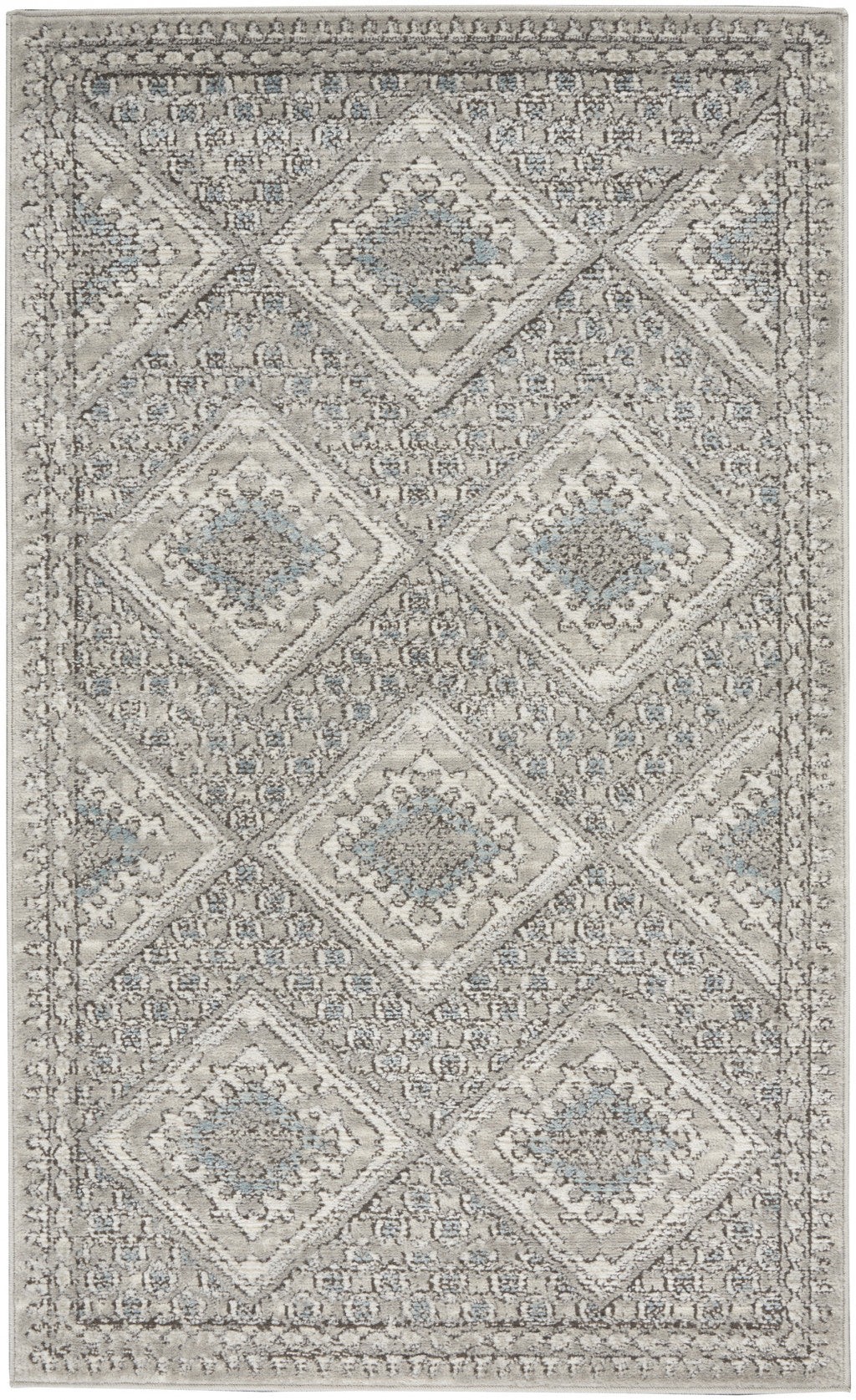 3' X 5' Grey Ivory And Blue Southwestern Power Loom Non Skid Area Rug