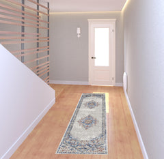 2' X 8' Blue And Grey Oriental Power Loom Non Skid Runner Rug