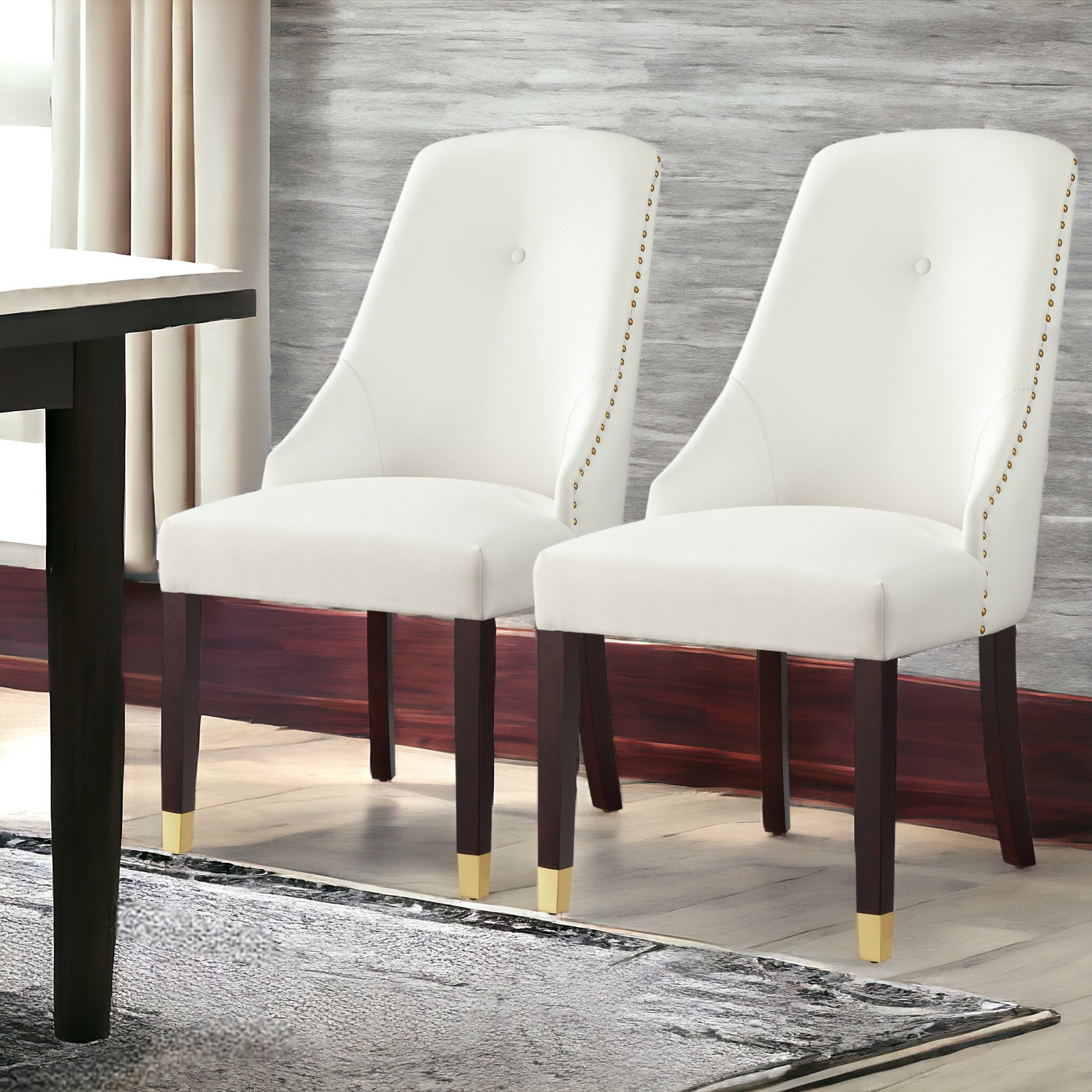 Set of Two Tufted White And Espresso Upholstered Faux Leather Dining Side Chairs