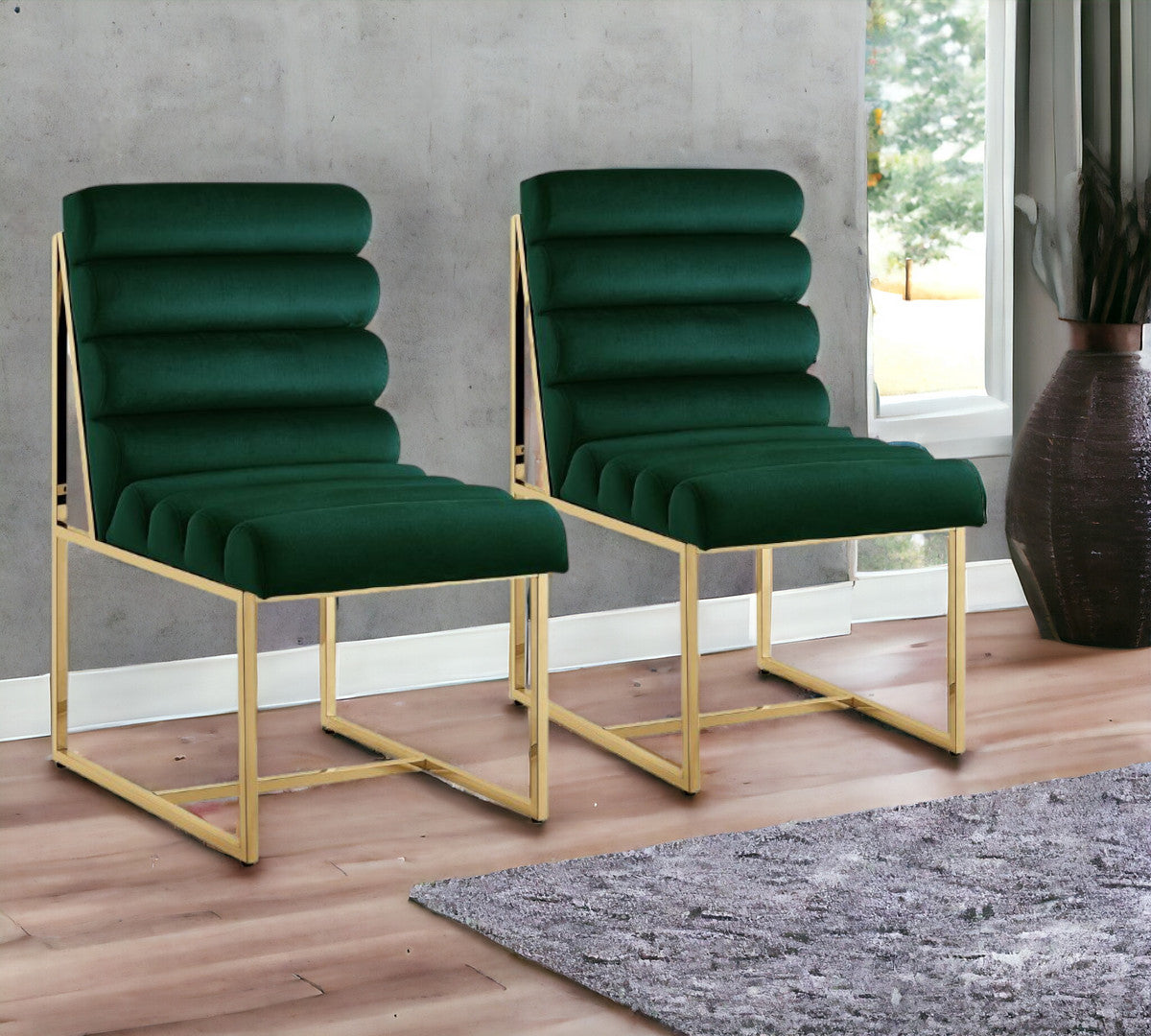 Set of Two Tufted Hunter Green And Gold Upholstered Velvet Dining Side Chairs