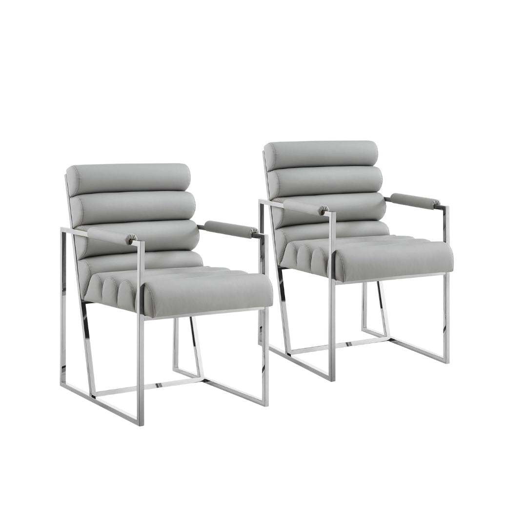 Set of Two Tufted Gray And Silver Metallic Upholstered Faux Leather Dining Arm Chairs