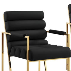 Set of Two Tufted Black And Gold Upholstered Faux Leather Dining Arm Chairs