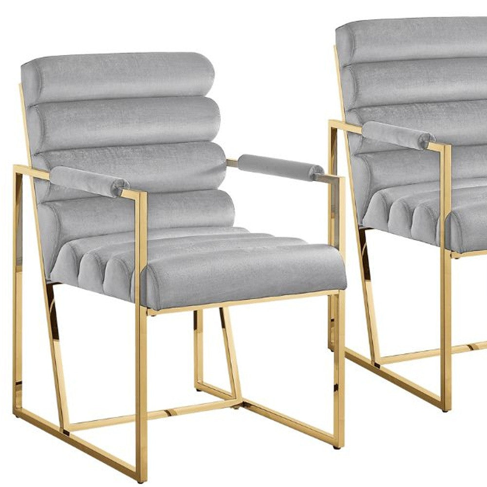 Set of Two Tufted Gray And Gold Upholstered Velvet Dining Arm Chairs