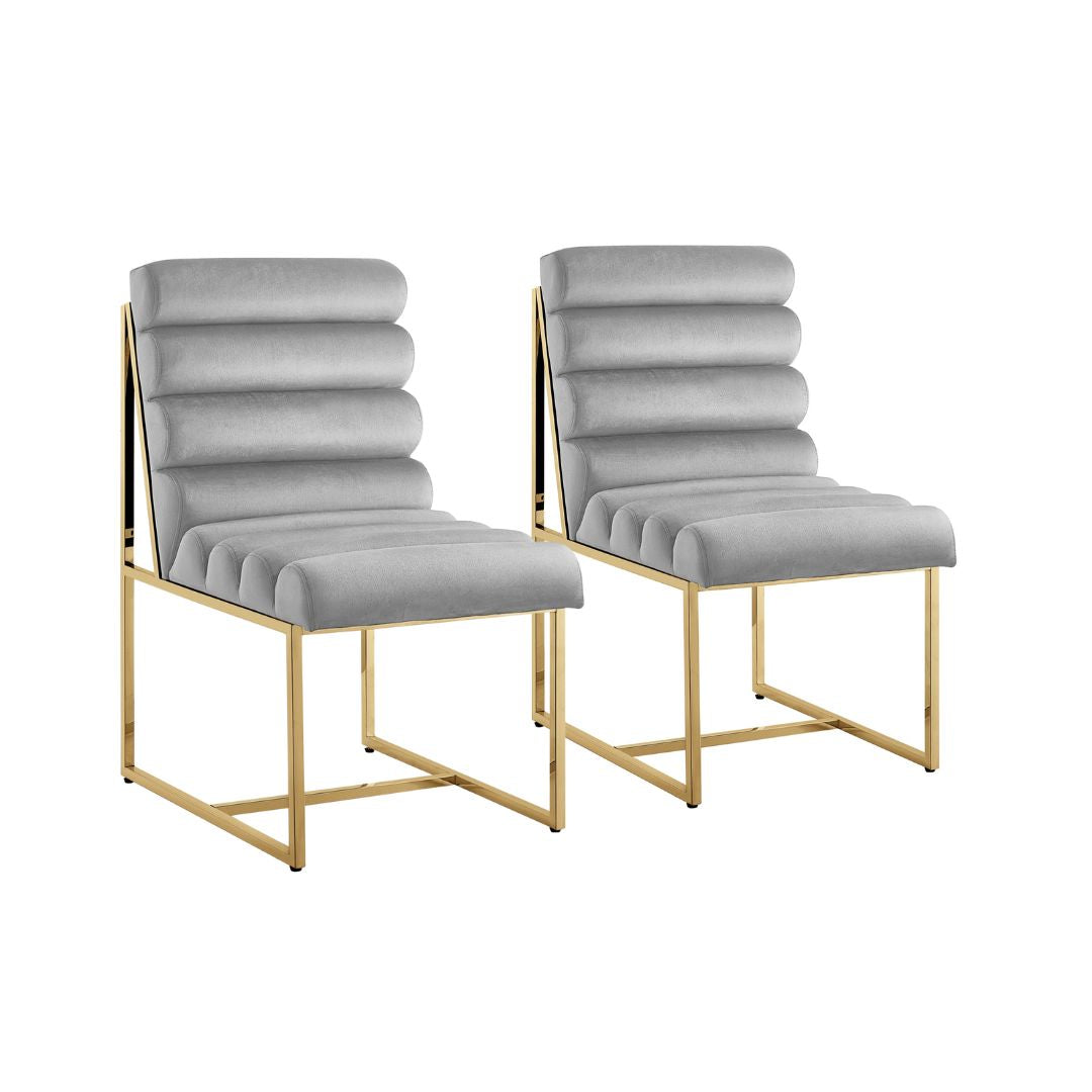 Set of Two Tufted Gray And Gold Upholstered Velvet Dining Side Chairs