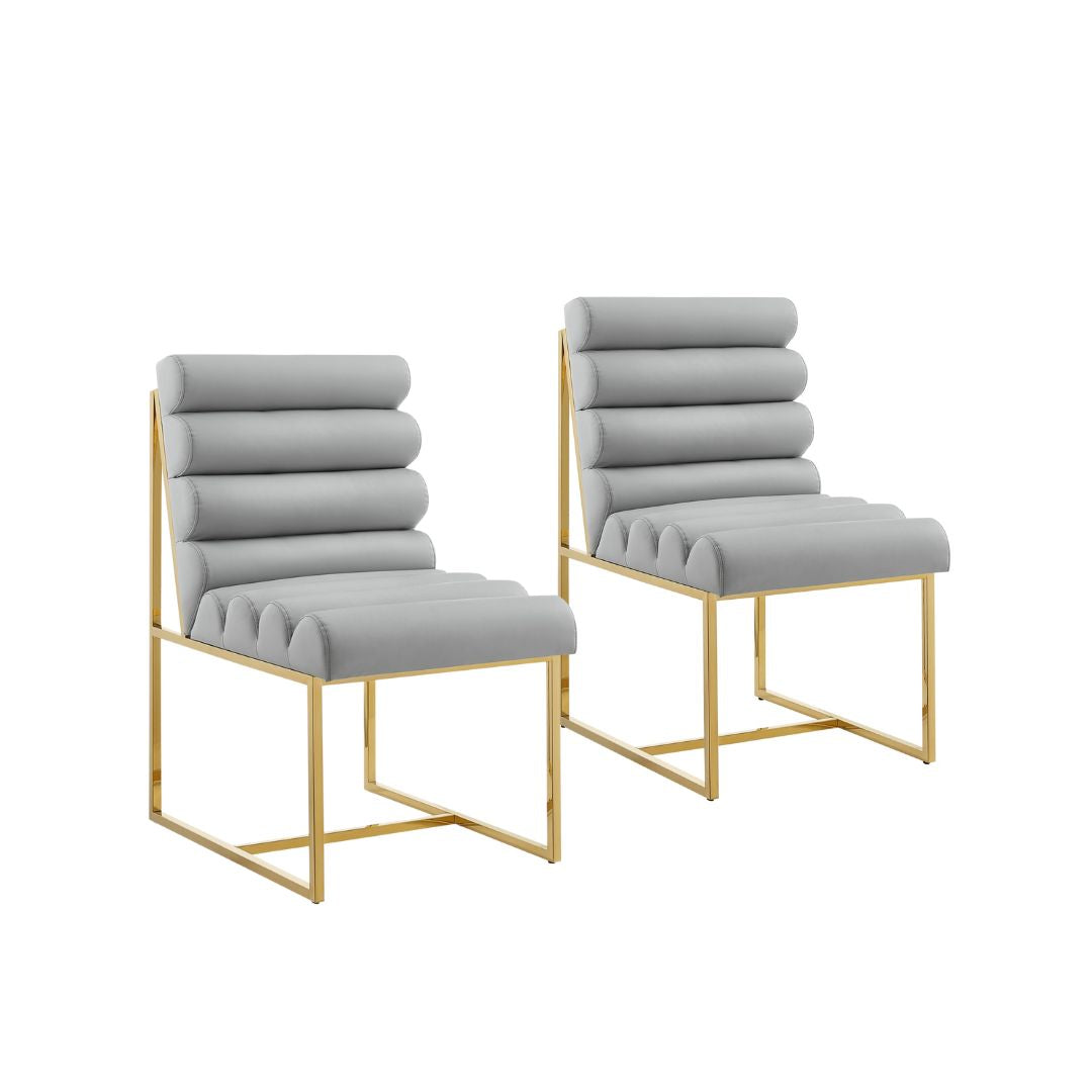 Set of Two Tufted Gray And Gold Upholstered Faux Leather Dining Side Chairs