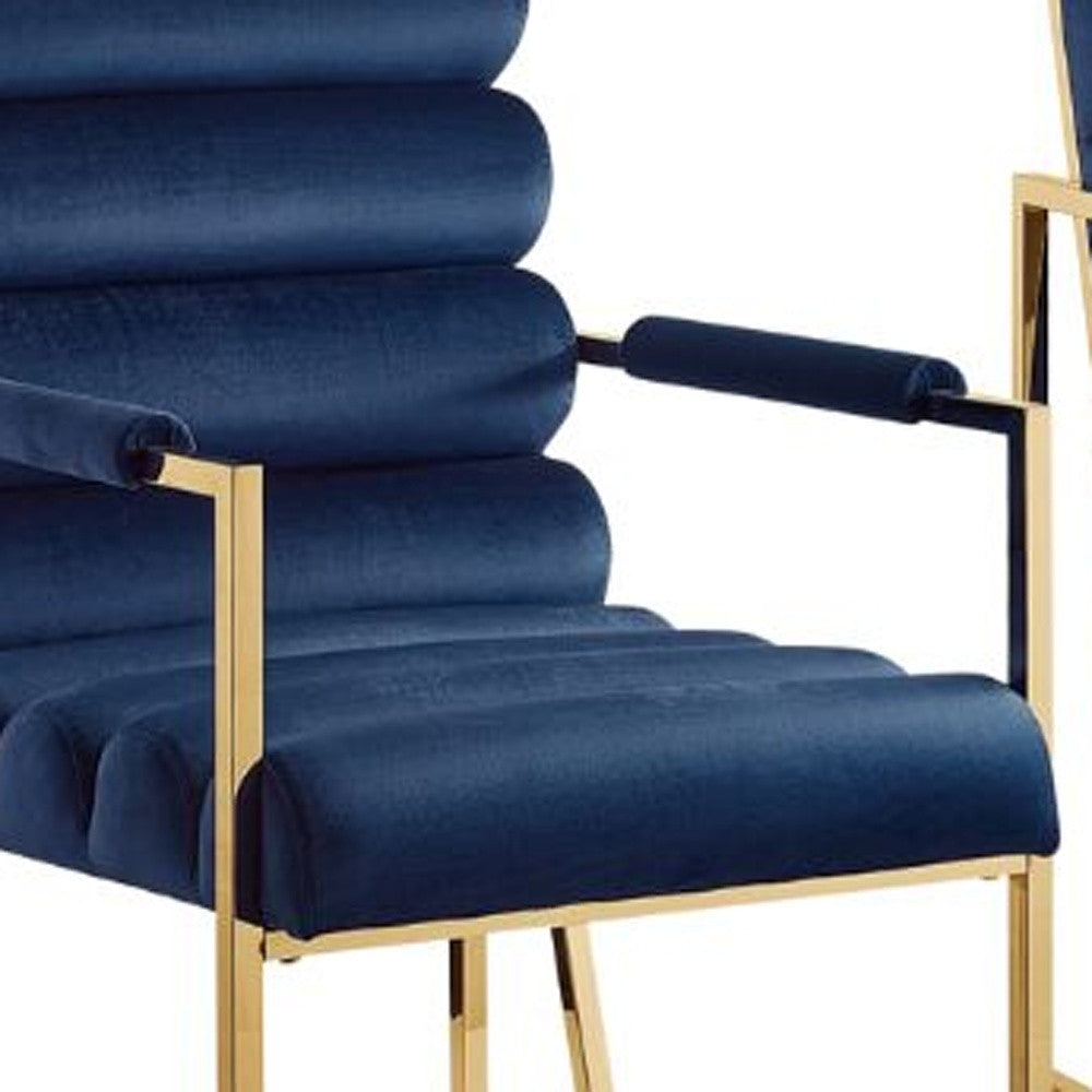 Set of Two Tufted Navy Blue And Gold Upholstered Velvet Dining Arm Chairs