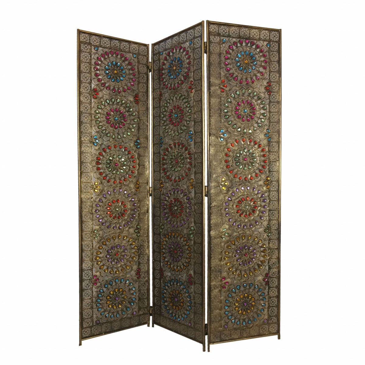 Exotic Bronze Beaded Jewel Three Panel Room Divider Screen