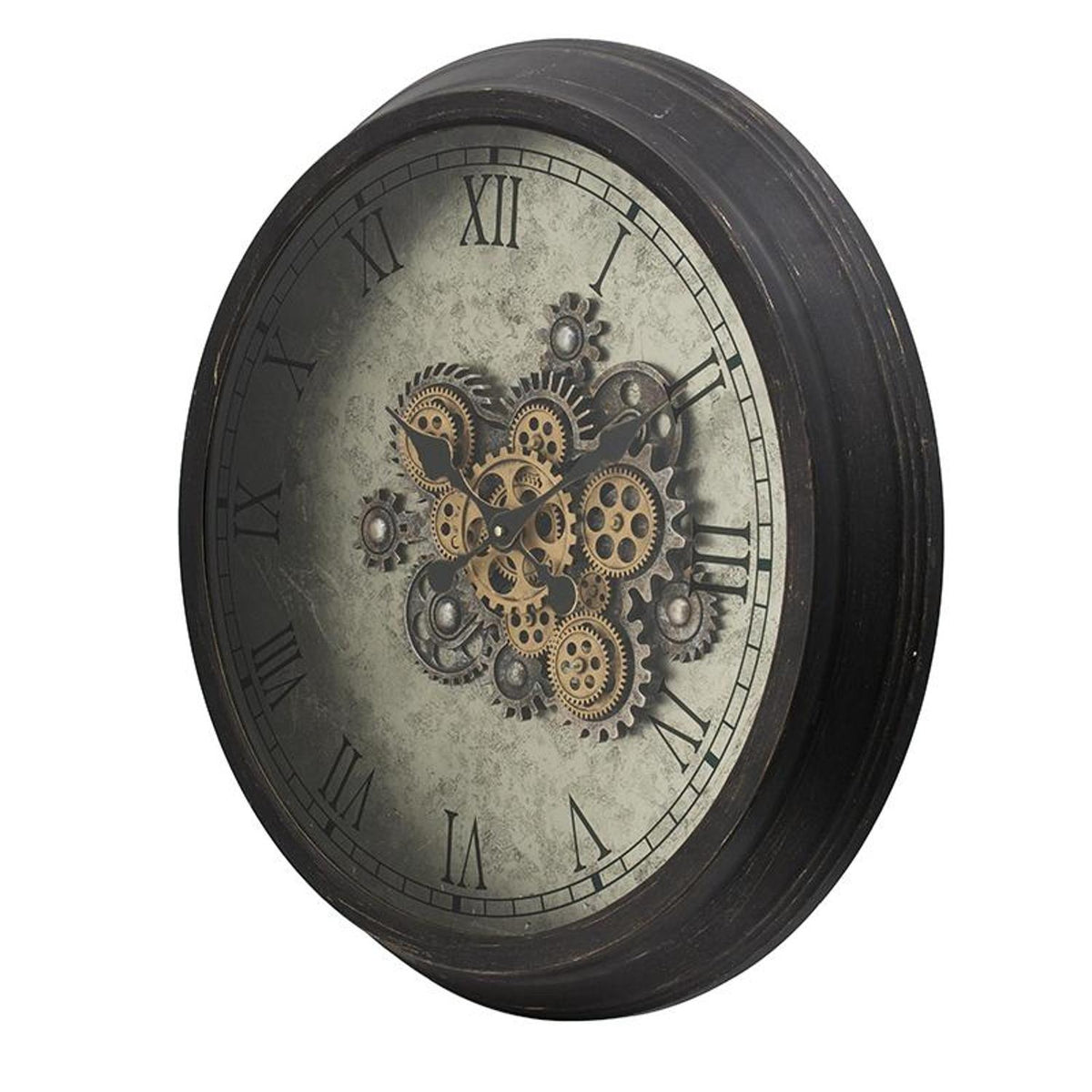 28" Circle Black and Gray Wood and Glass Analog Exposed Gear Wall Clock