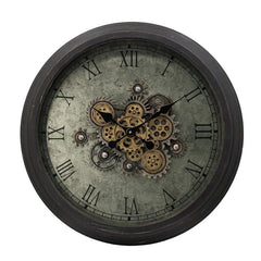 28" Circle Black and Gray Wood and Glass Analog Exposed Gear Wall Clock