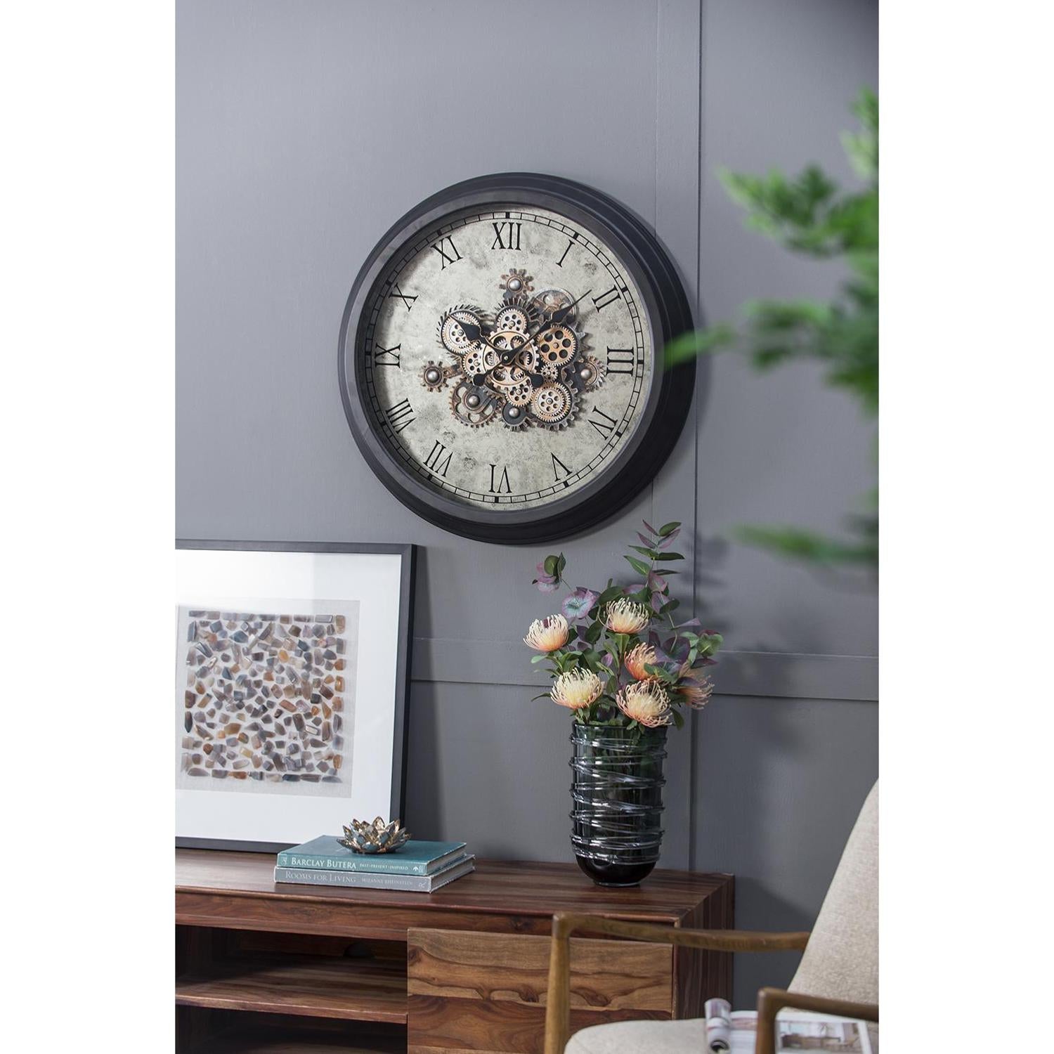 28" Circle Black and Gray Wood and Glass Analog Exposed Gear Wall Clock