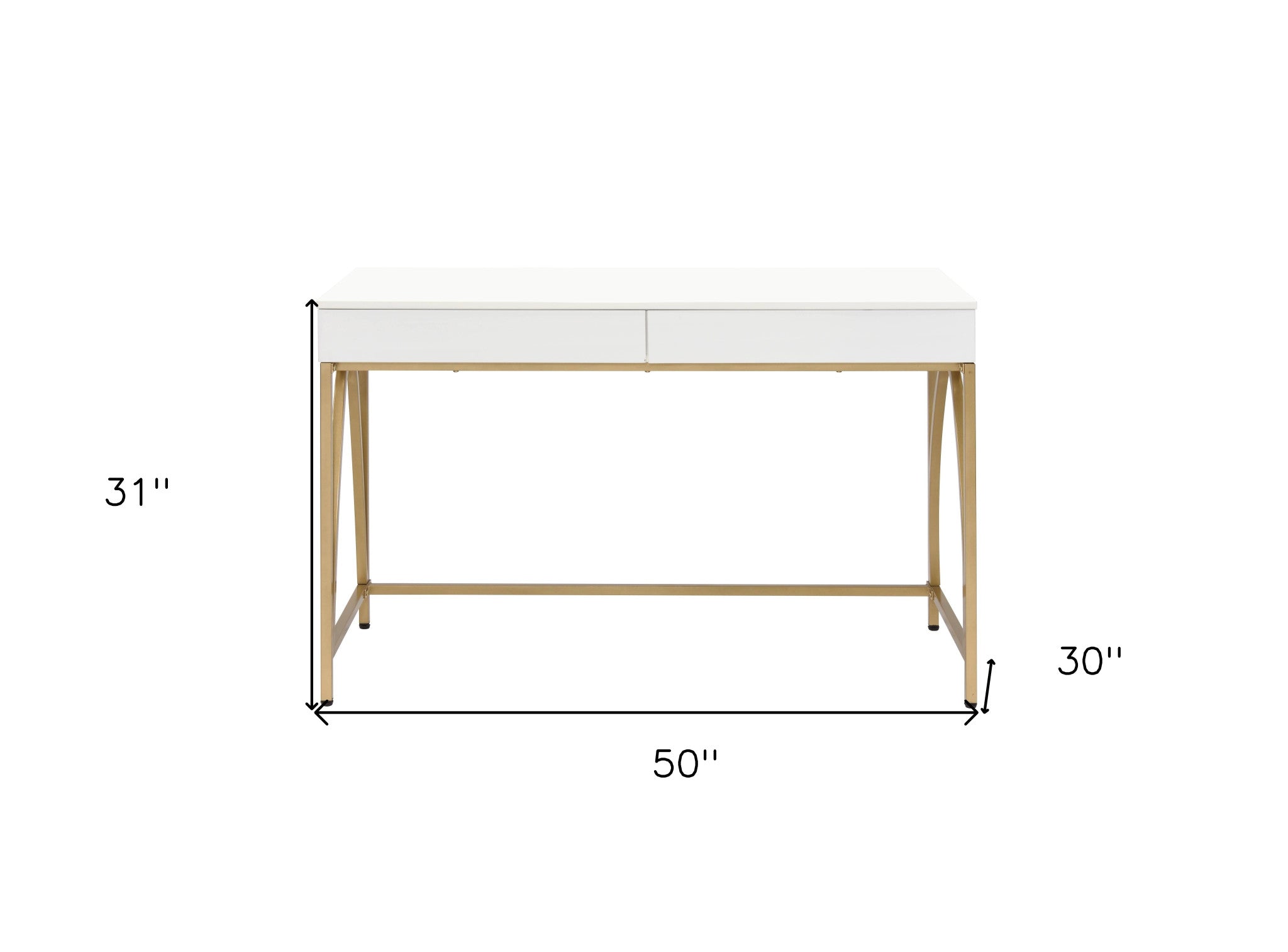 50" White and Gold Writing Desk With Two Drawers