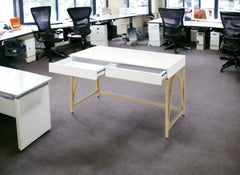 50" White and Gold Writing Desk With Two Drawers