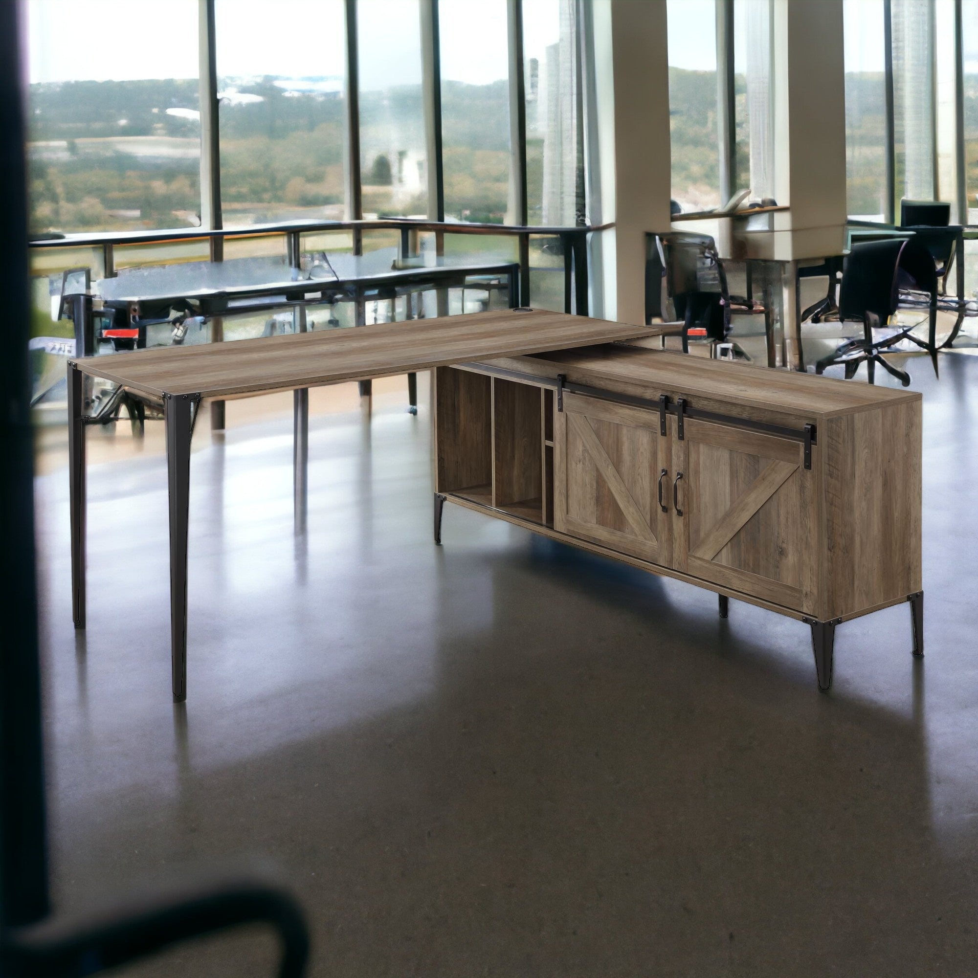 65" Brown and Black L Shape Writing Desk