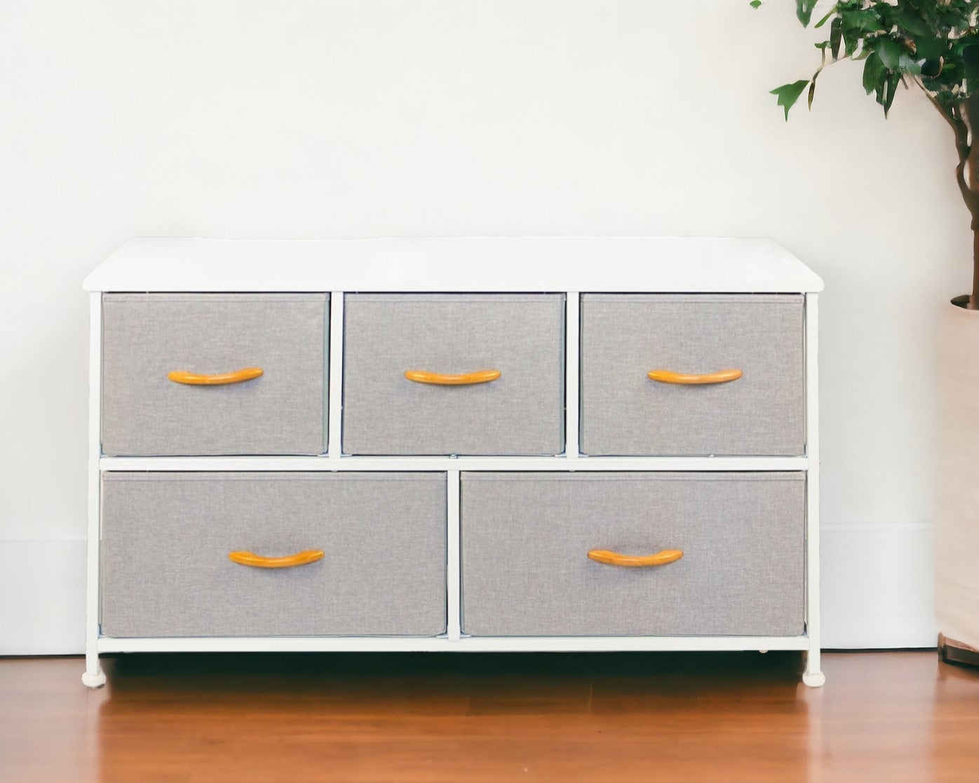 39" White and Gray Steel and Fabric Five Drawer Dresser