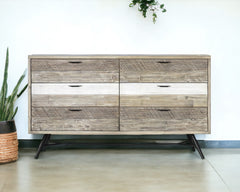 63" Natural and Ivory Multi Tonal Rustic Solid Wood Six Drawer Double Dresser