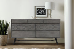 61" Gray Honeycomb Carved Solid Wood Six Drawer Double Dresser