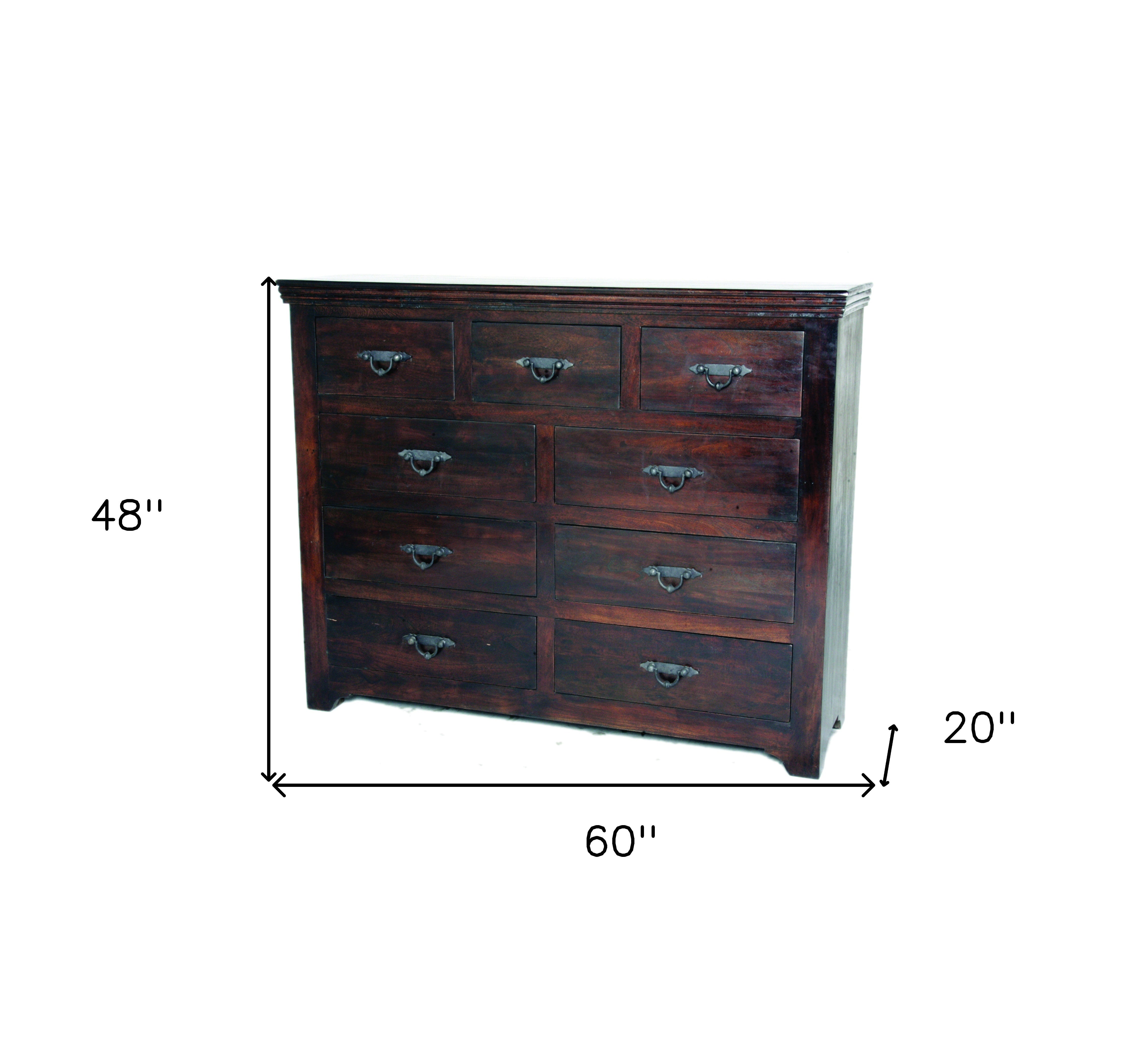 60" Brown Distressed Solid And Reclaimed Wood Nine Drawer Double Dresser