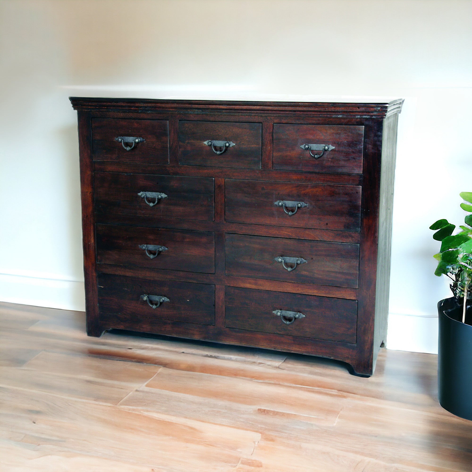 60" Brown Distressed Solid And Reclaimed Wood Nine Drawer Double Dresser