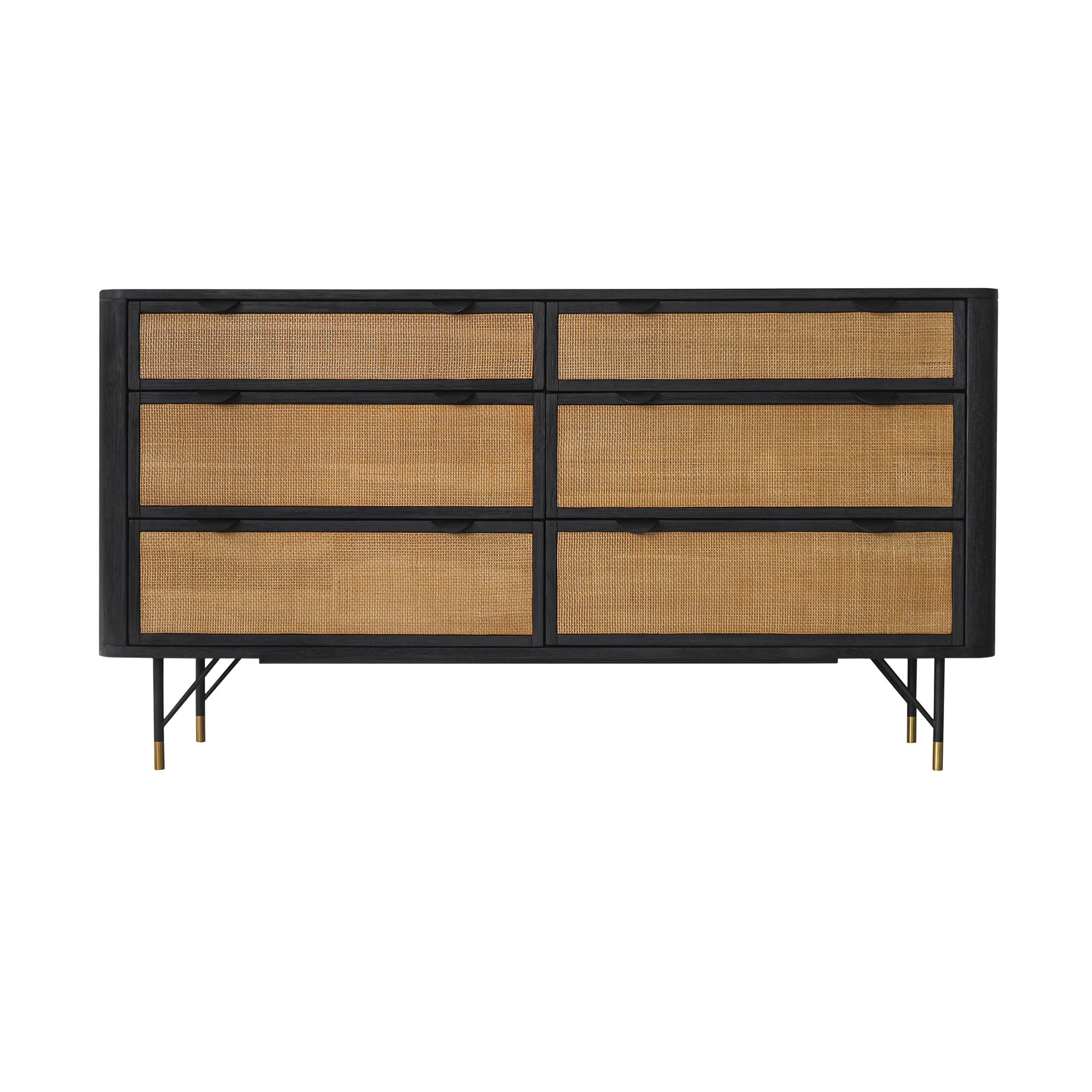 61" Natural and Black Solid Wood And Rattan Six Drawer Double Dresser