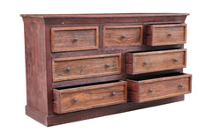 64" Brown Distressed Solid and Reclaimed Wood Seven Drawer Double Dresser