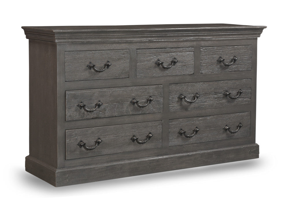 64" Gray Distressed Solid and Reclaimed Wood Seven Drawer Double Dresser