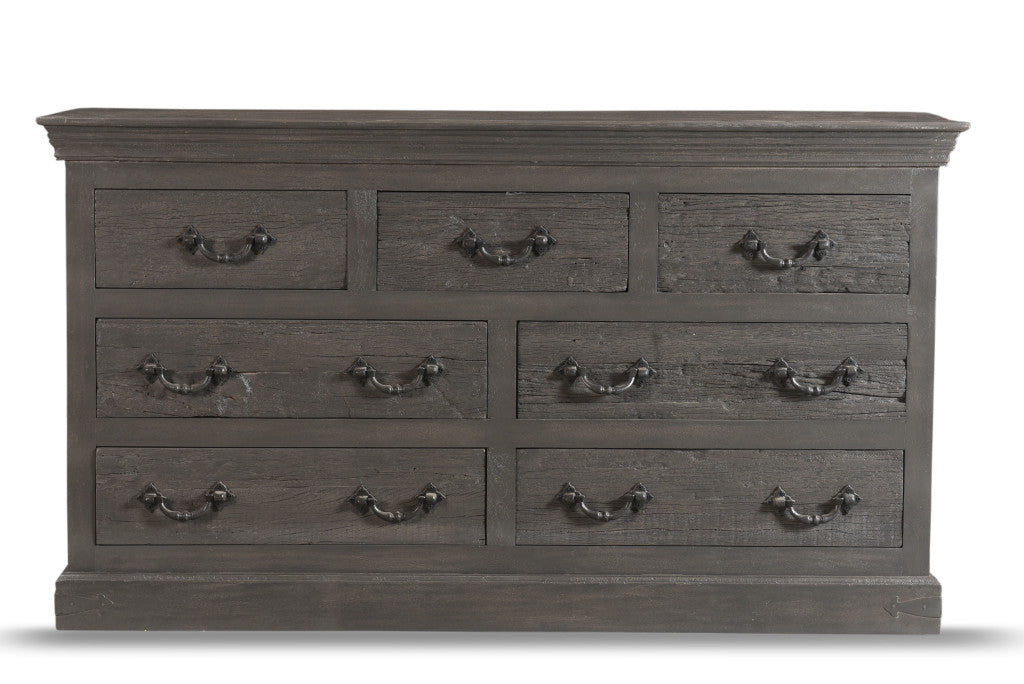 64" Gray Distressed Solid and Reclaimed Wood Seven Drawer Double Dresser