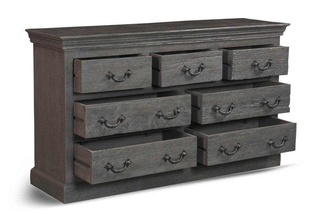 64" Gray Distressed Solid and Reclaimed Wood Seven Drawer Double Dresser