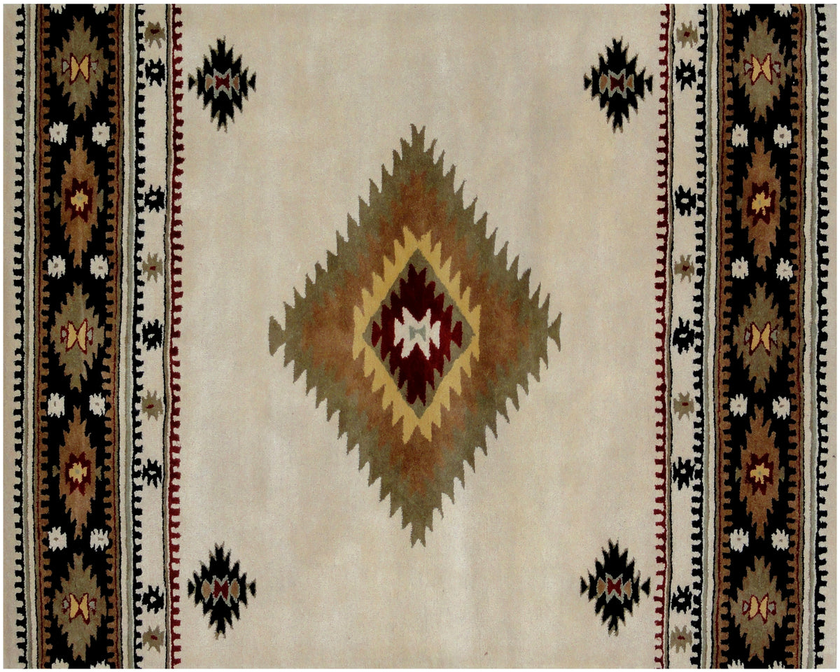 5' x 8' Ivory and Black Southwestern Hand Tufted Non Skid Area Rug