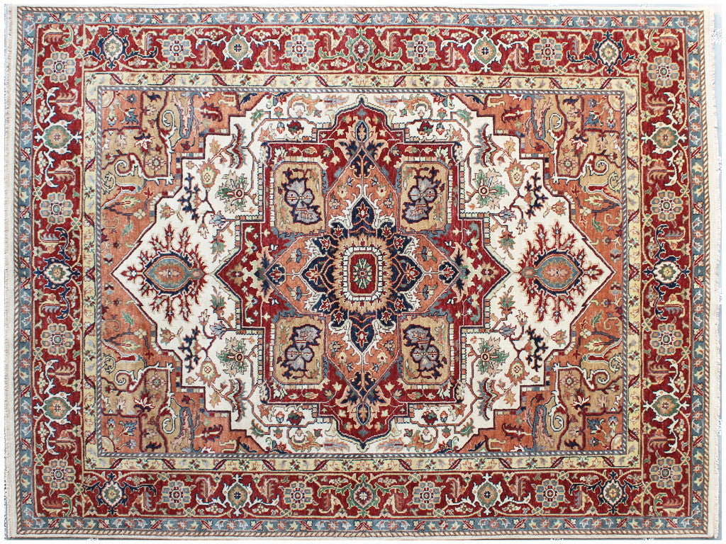 8' x 10' Rust and Gray Oriental Hand Knotted Area Rug With Fringe