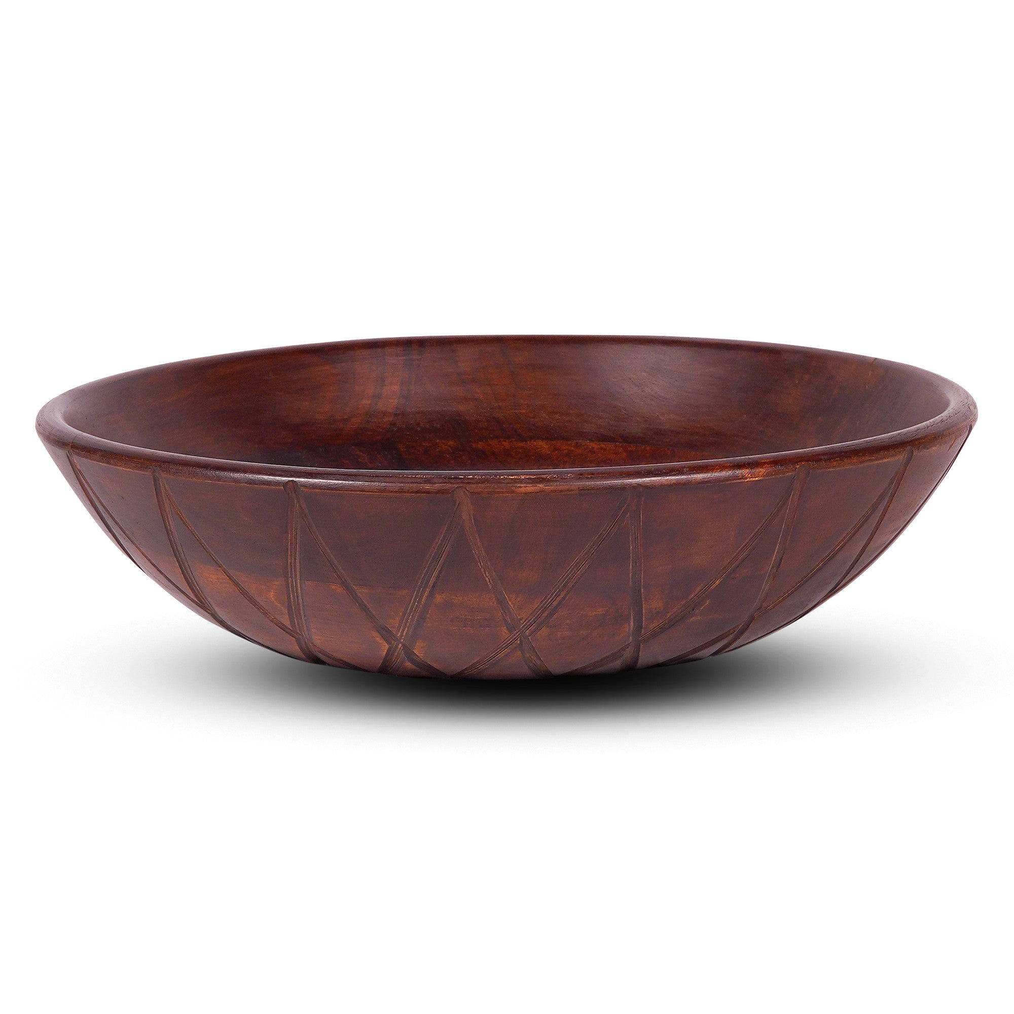 12" Brown Geo Carved Edge Wood Low Centerpiece Bowl