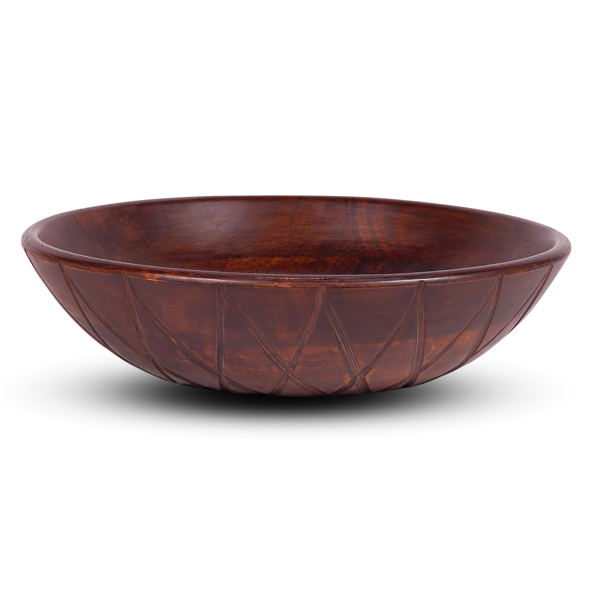 12" Brown Geo Carved Edge Wood Low Centerpiece Bowl