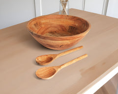 Three Piece Natural Acacia Wood Salad Bowl and Servers Set