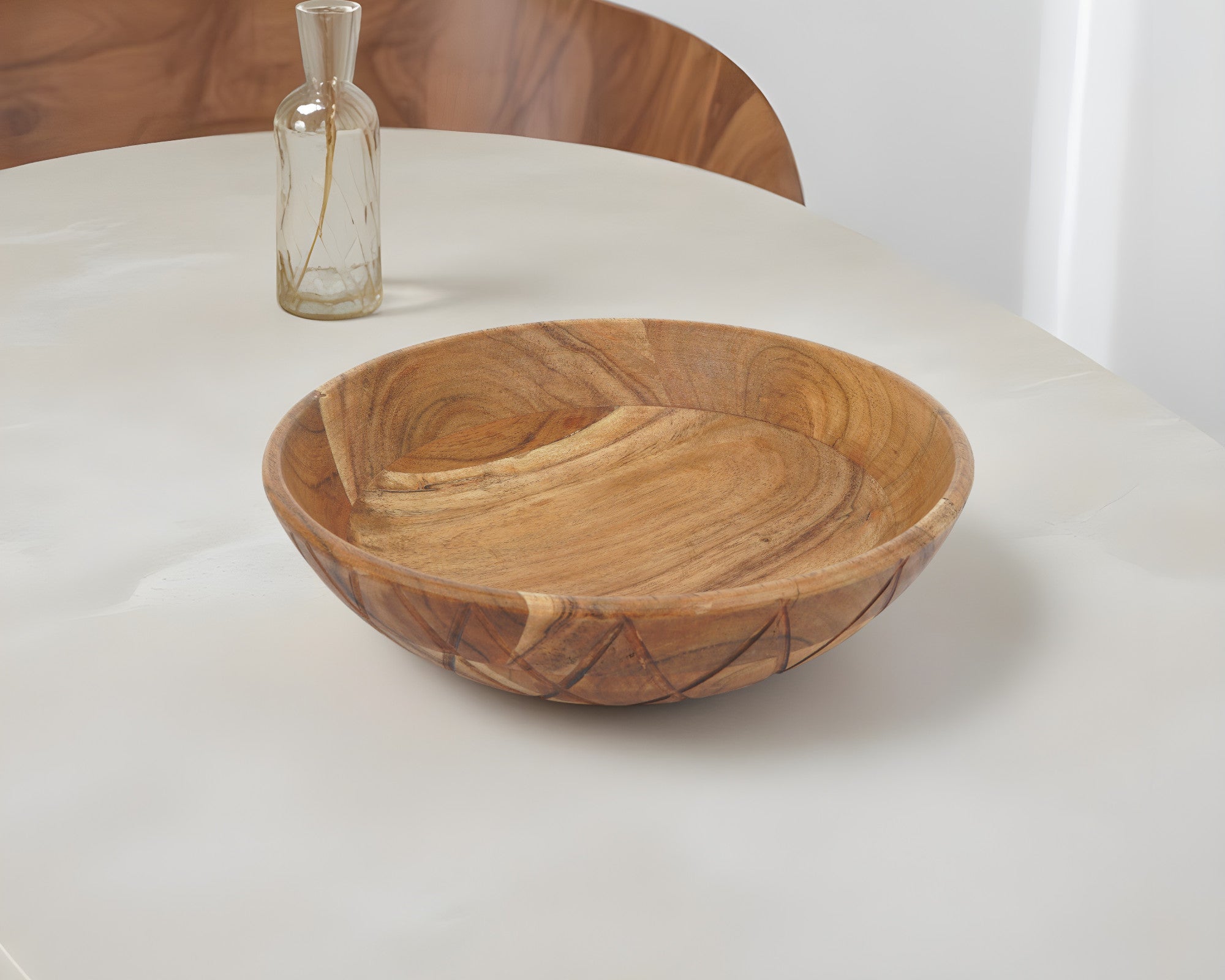 12" Natural Geo Carved Edge Wood Low Centerpiece Bowl