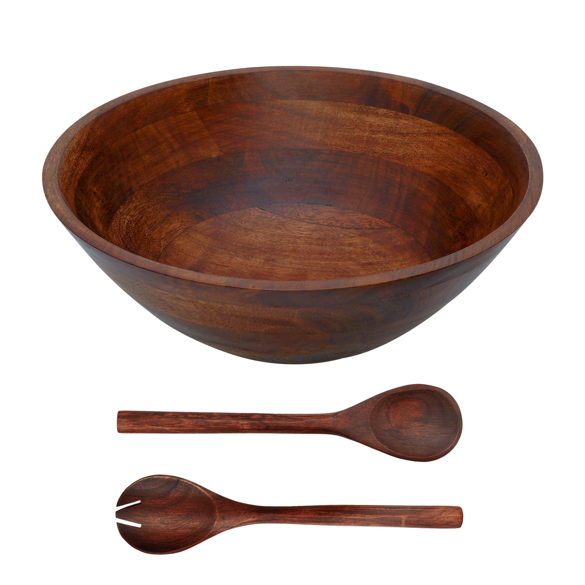 Three Piece Brown Cherry Acacia Wood Salad Bowl and Servers Set