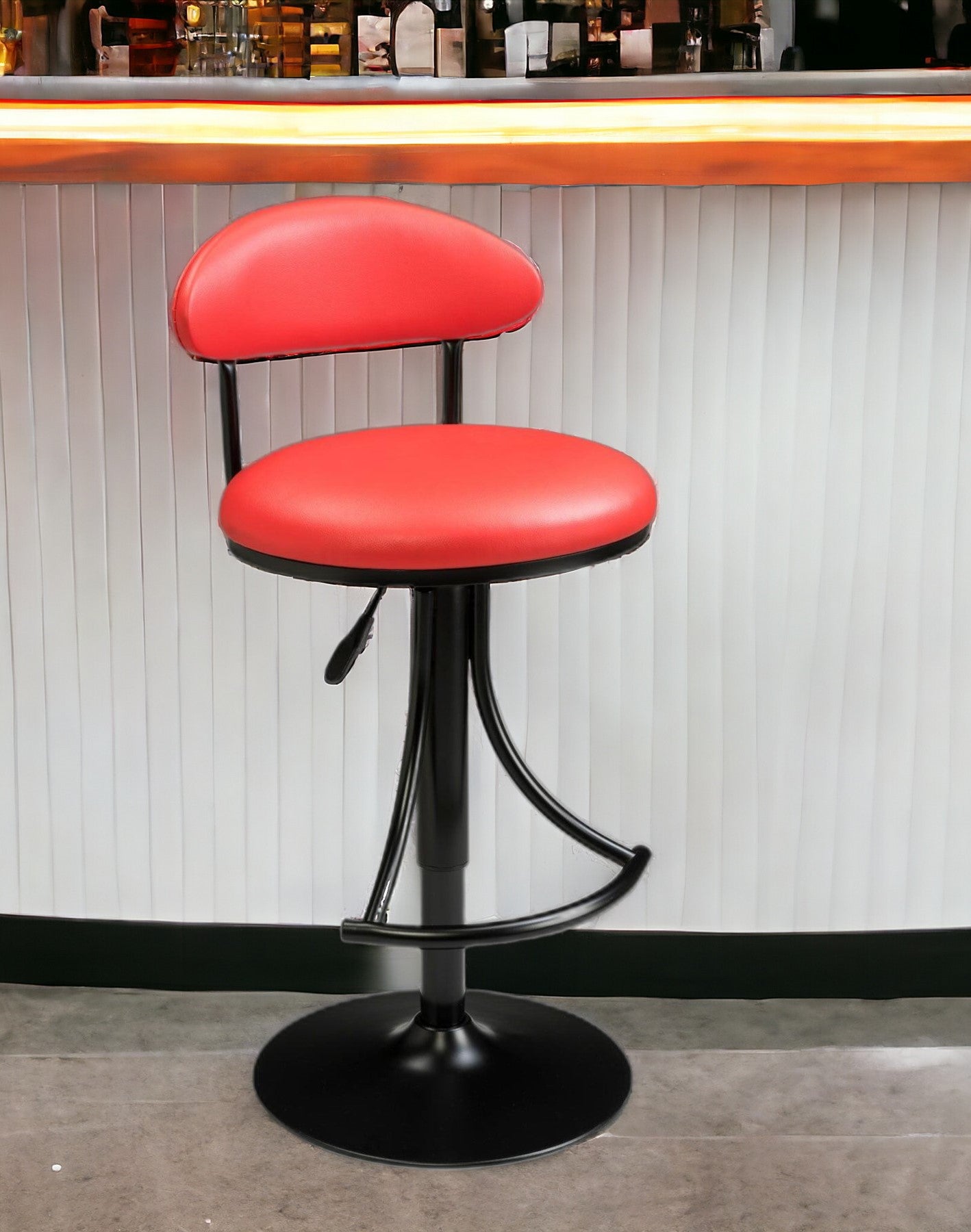 Red And Black Velvet And Metal Low Back Adjustable Height Bar Chair