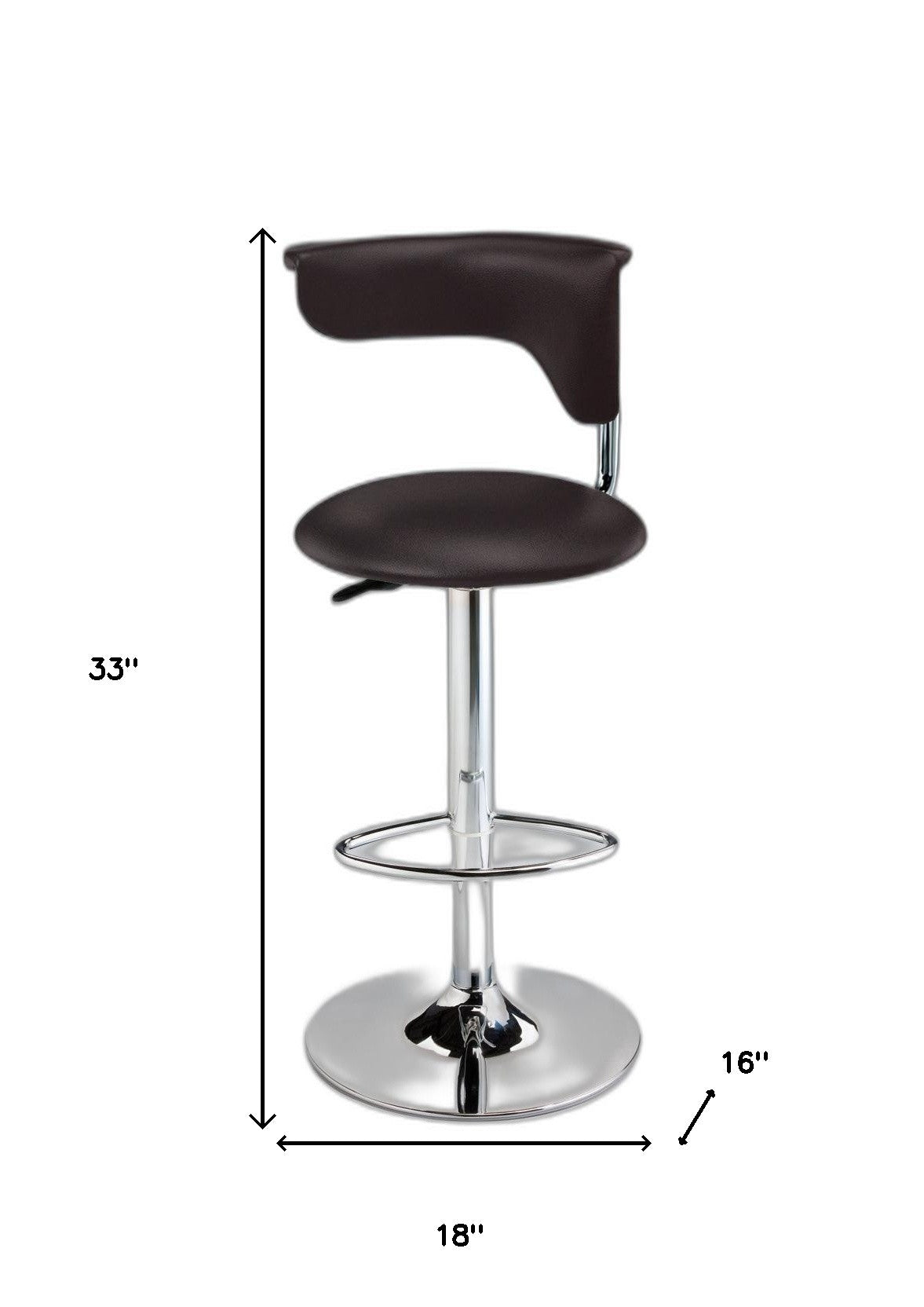 Dark Brown And Silver Faux Leather And Metal Low Back Adjustable Height Bar Chair