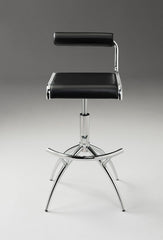 Set of Two Black And Silver Faux Leather And Metal Low Back Adjustable Height Bar Chairs