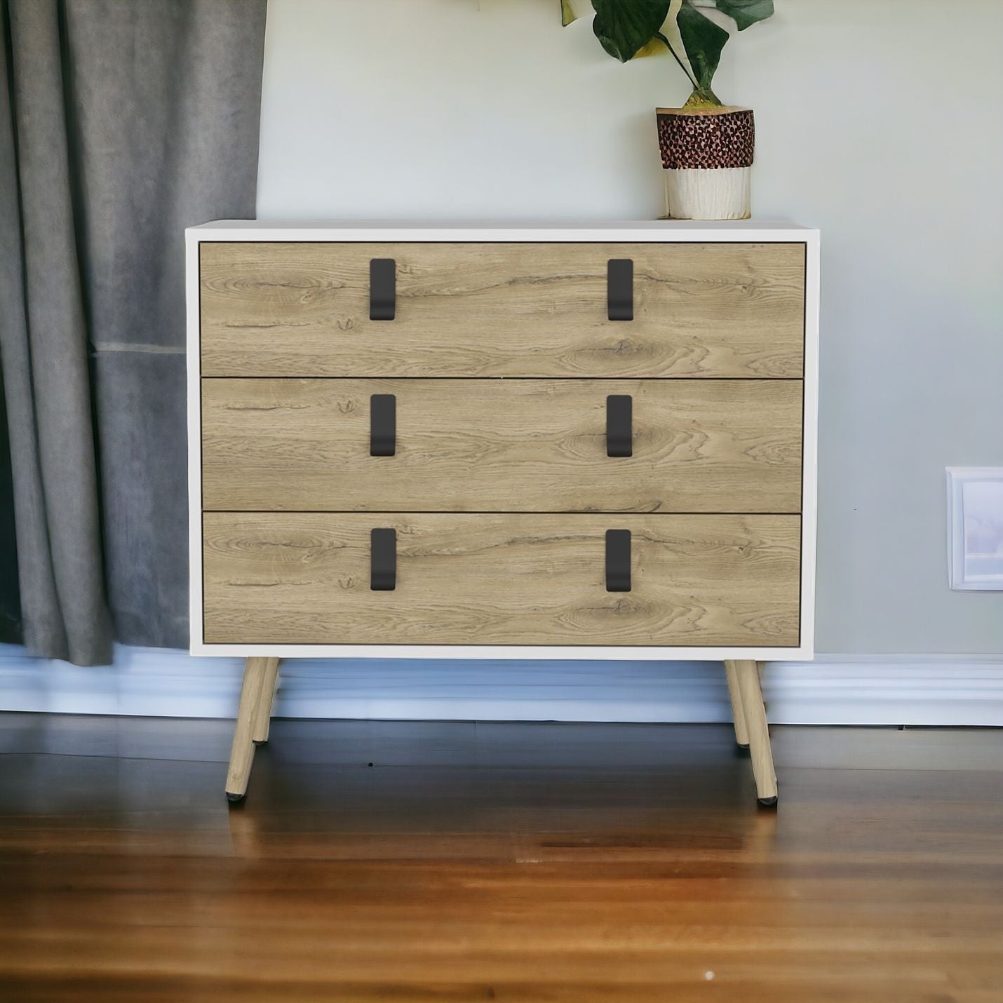 32" White and Natural Three Drawer Dresser