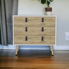 32" White and Natural Three Drawer Dresser