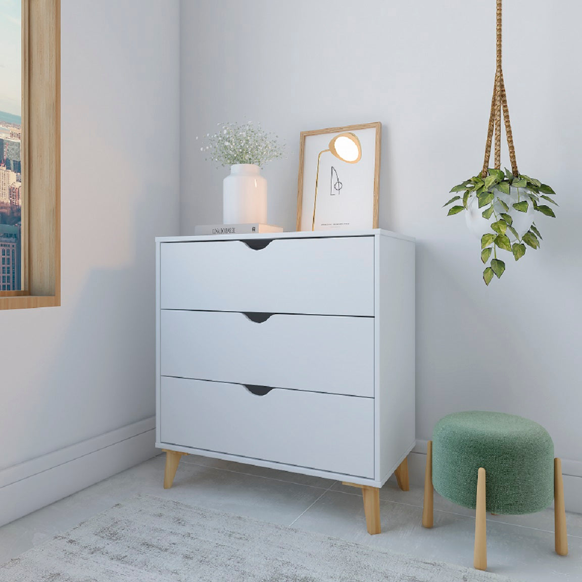 30" White Three Drawer Dresser