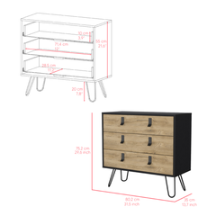 32" Natural and Black Three Drawer Dresser