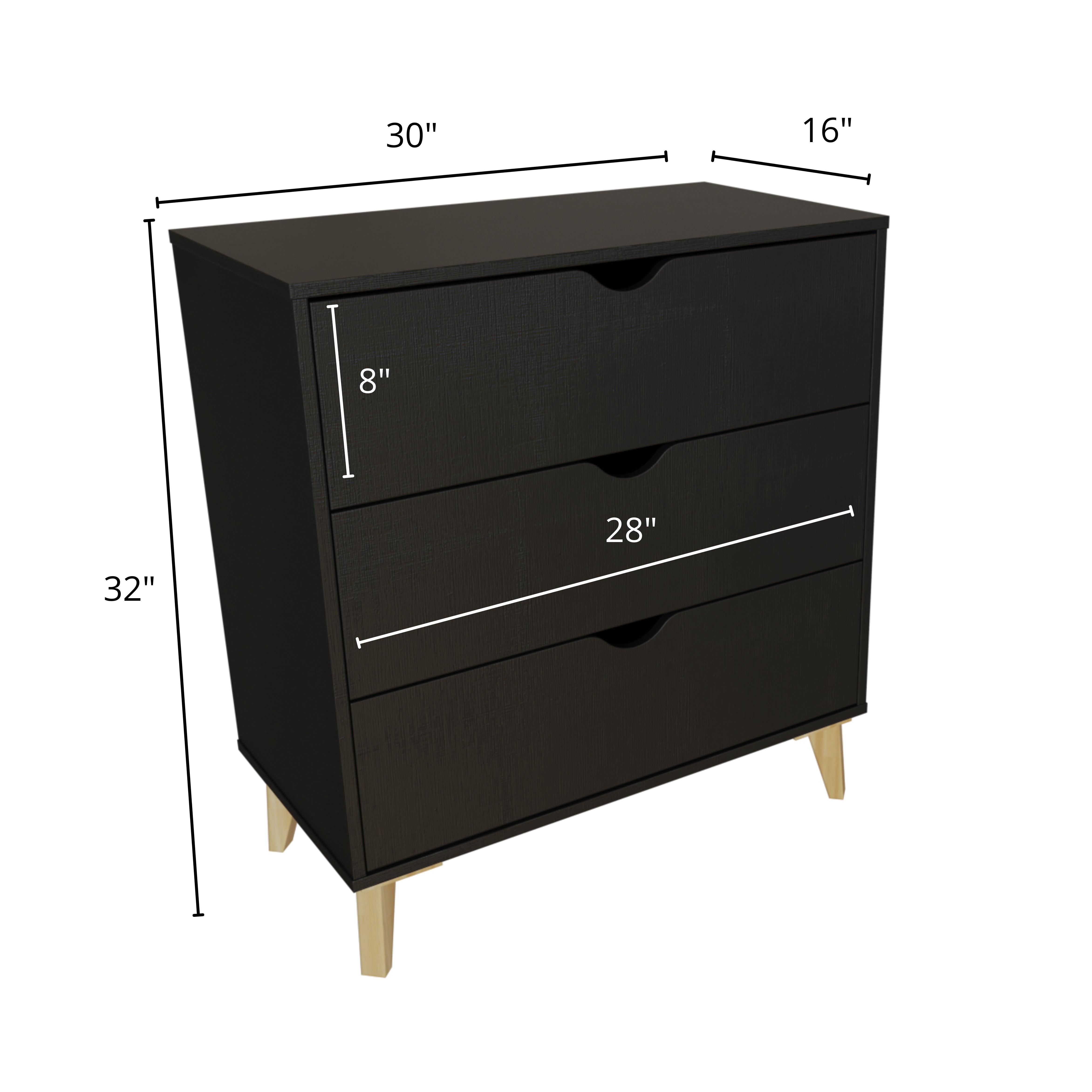 30" Black Three Drawer Dresser