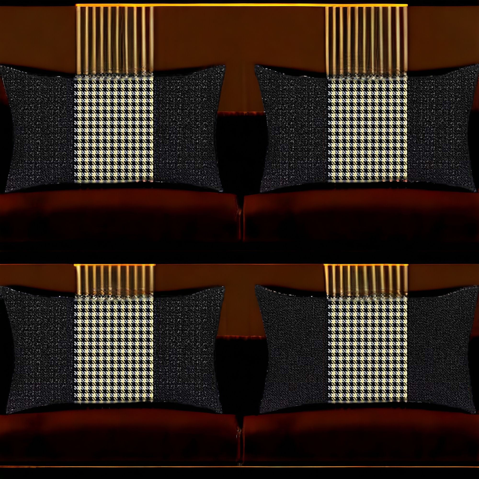 Set Of Four 20" X 12" Black And Yellow Polyester Houndstooth Zippered Pillow