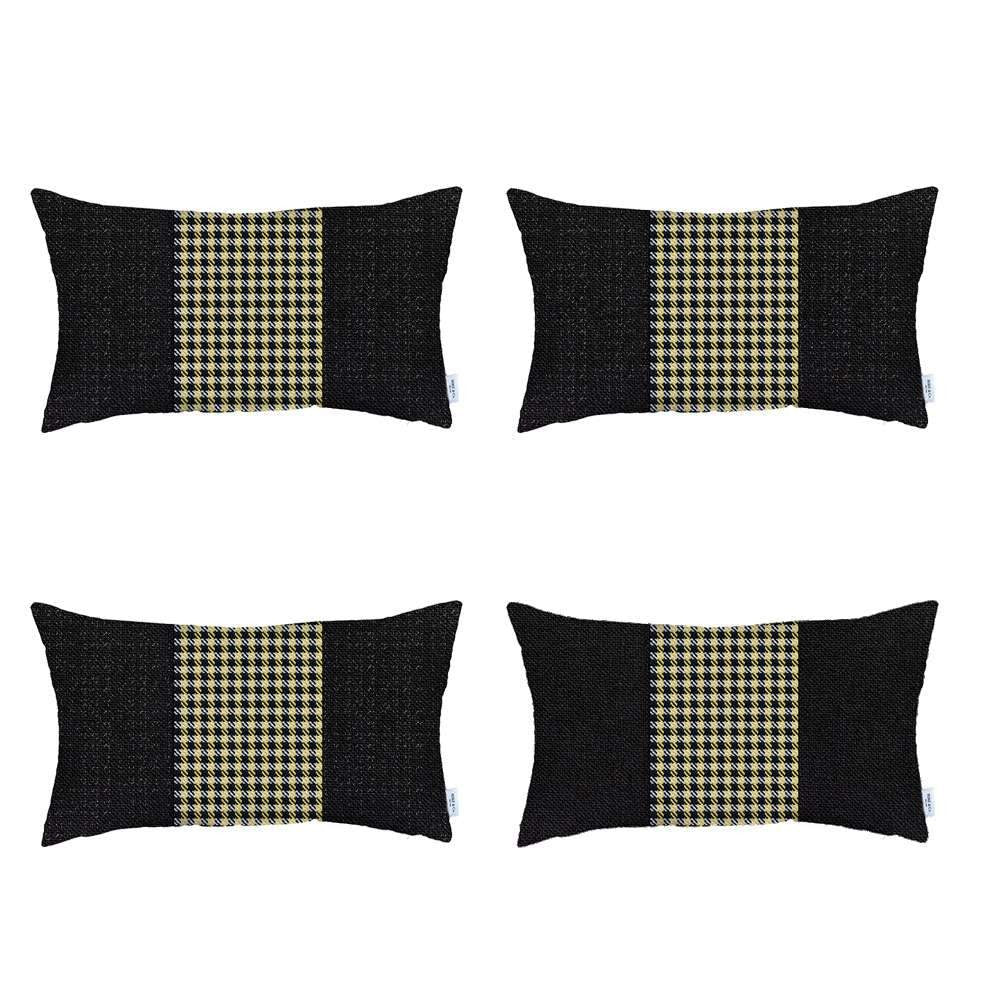 Set Of Four 20" X 12" Black And Yellow Polyester Houndstooth Zippered Pillow