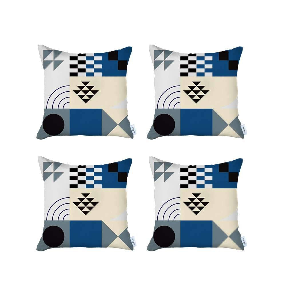 Set Of Four 18" X 18" Blue White Black And Gray Polyester Abstract Zippered Pillow