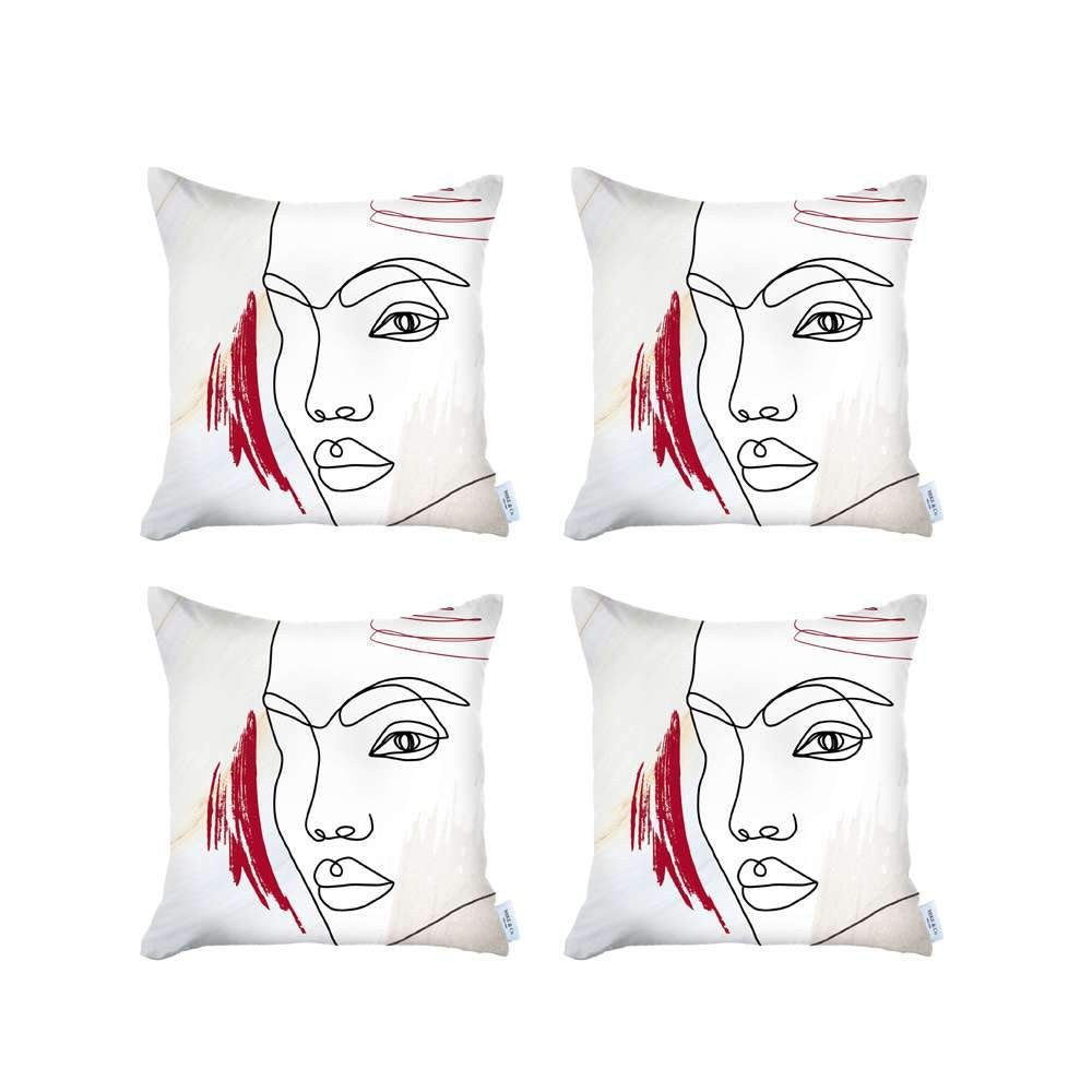 Set Of Four 18" X 18" Gray White Black And Red Polyester Abstract Zippered Pillow