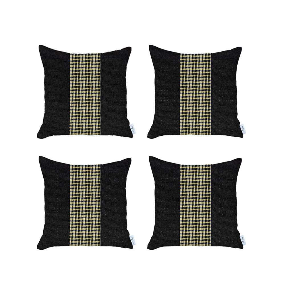 Set Of Four 18" X 18" Black And Yellow Polyester Houndstooth Zippered Pillow