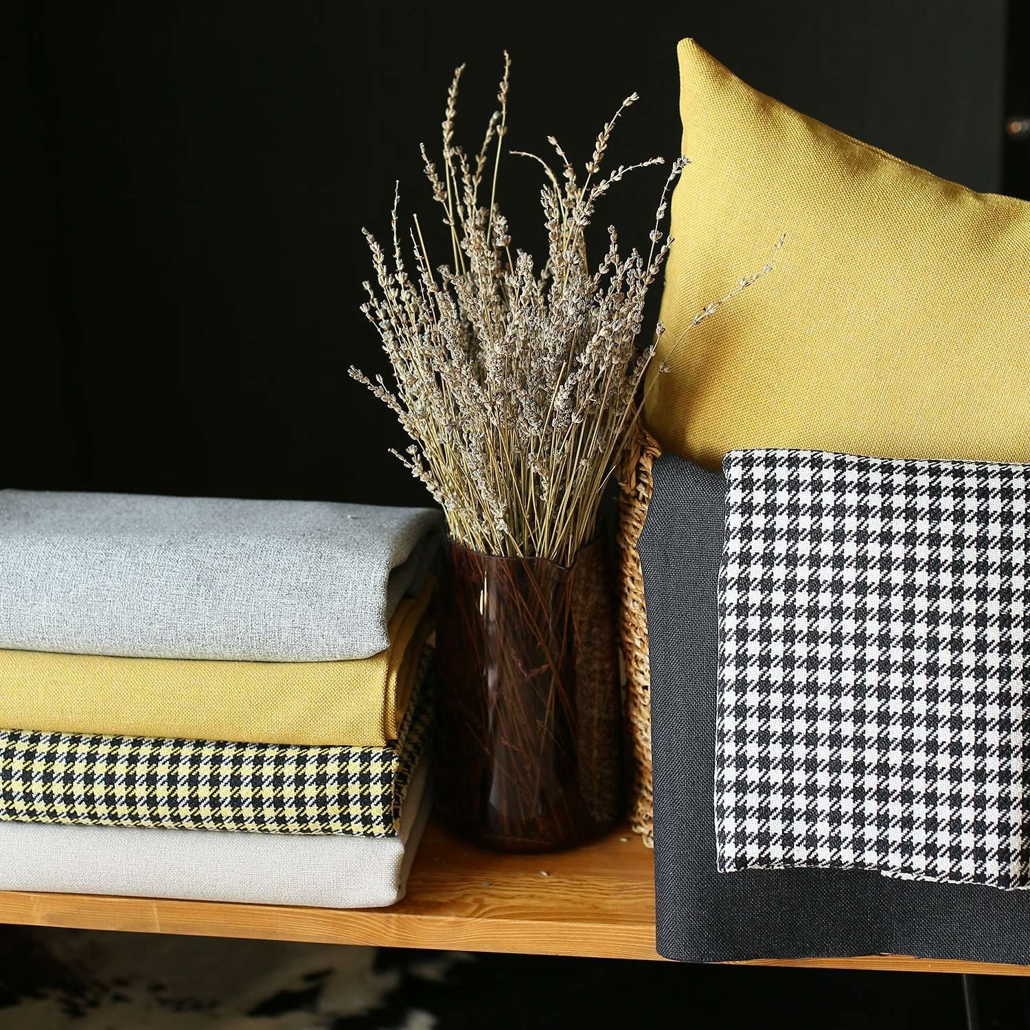 Set Of Four 18" X 18" Black And Yellow Polyester Houndstooth Zippered Pillow