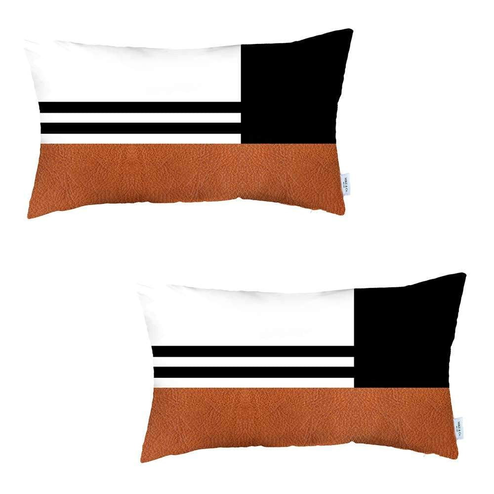 Set Of Two 20" X 12" Brown And Black Polyester Striped Zippered Pillow